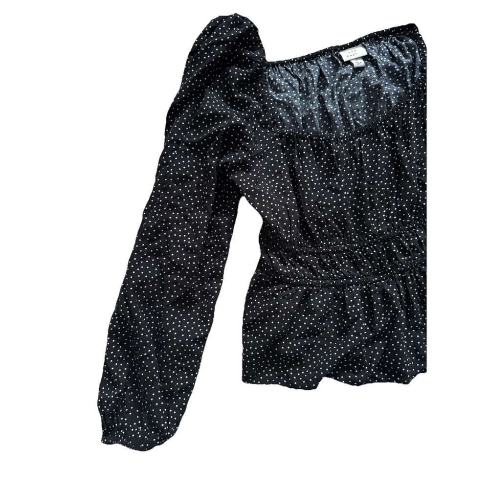 A New Day Woman's Long Sleeve Ruched Top Size Medium Black With Polka Dots - Picture 2 of 7